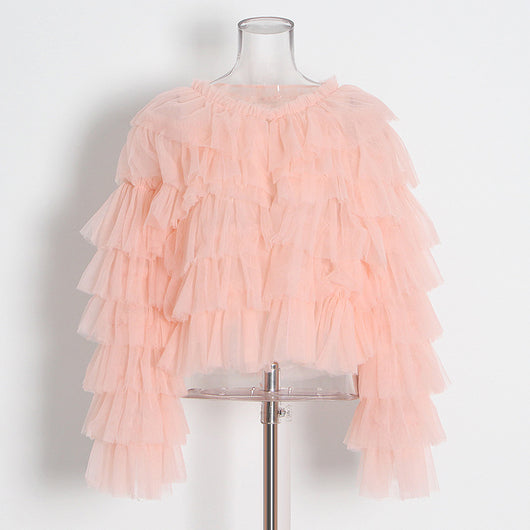 Blusa Mesh de Manga Larga con Cuello Redondo y Volantes Personalizables para Mujer - Image 10