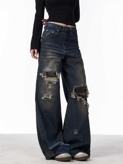 Pantalones Vaqueros Rotos Camuflaje Mujer Cintura Alta Pierna Recta Oversize - Image 7