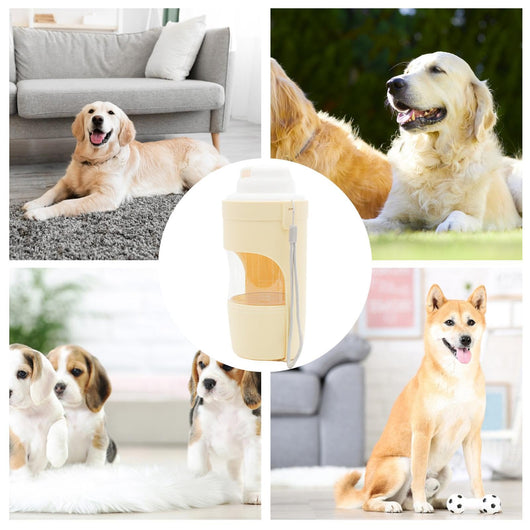 White 2-in-1 travel dog water bottle and food dispenser with a clear compartment and gray lanyard for pets. - Image 7