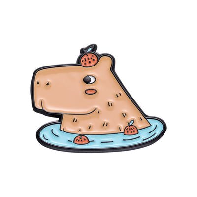Cute capybara enamel brooch wearing a pink donut with sprinkles and "DONUT WORRY BE CAPPY" text. - Image 33