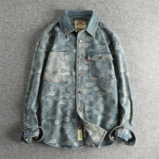 Camisa Denim Retro Lujo Suave con Patrón Paisley - Manga Larga Estilo Americano - Image 11