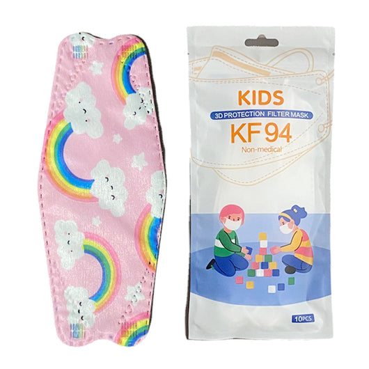 Black disposable KF94 children's mask next to white packaging with cartoon kids and "10PCS" label. - Image 3
