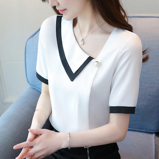 Blusa Manga Corta con Contraste y Diseño Moderno para Mujer