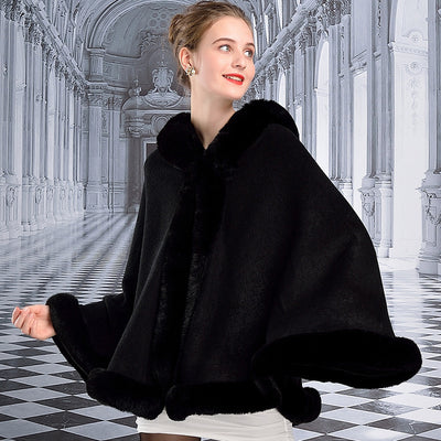 Capa Elegante con Capucha de Piel de Conejo Rex - Estilo Europeo y Americano