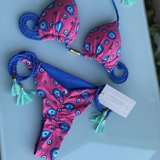 Traje de Baño Triangular con Cordones y Estampado Divisido - Image 19