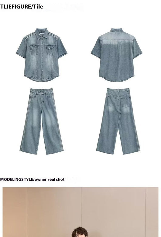 Camisa Denim Retro con Tres Rayas Laterales para Hombre - Image 36