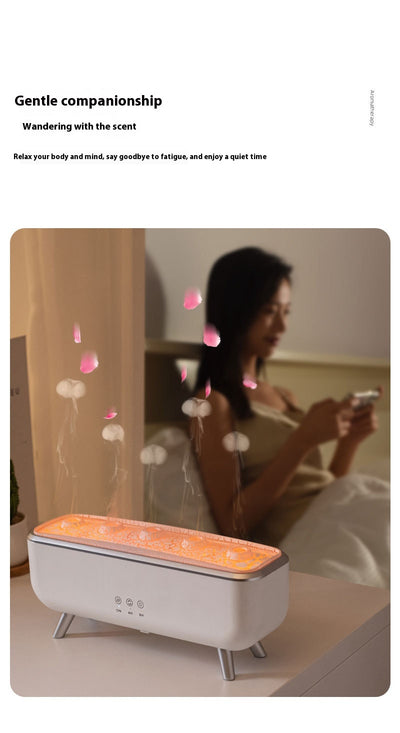 White rectangular ultrasonic humidifier with a textured top, silver legs, and control icons for mist, rotation, and light. - Image 7