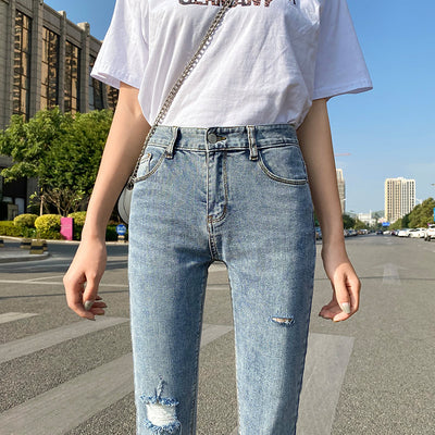 Pantalones Vaqueros Rotos Azul Claro Ajustados para Mujer - Corte Lápiz Largo - Image 9