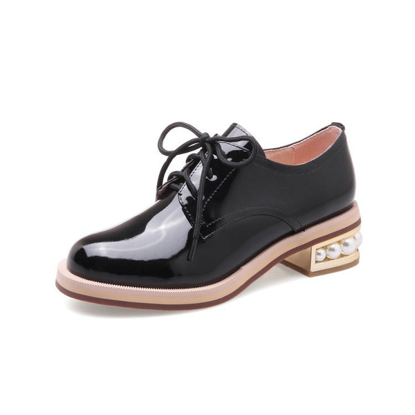 Zapatos de Cuero Brillantes con Plataforma y Tacón Medio - Puntera Redonda Primavera Otoño