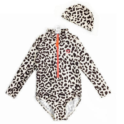 Child's long-sleeve leopard print swimsuit with a coral zipper and a matching swim cap on a white background. - Image 7