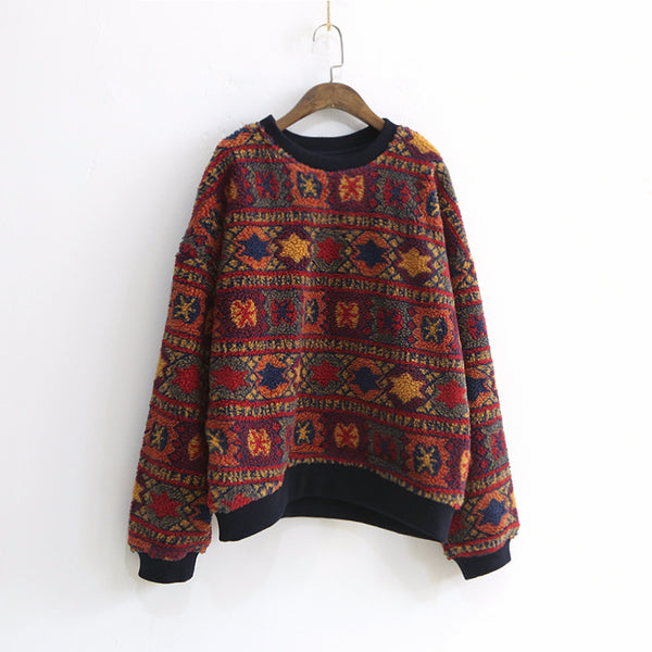 Blusa Pullover Cuello Redondo Lana de Cordero Estilo Étnico Estampado Retro