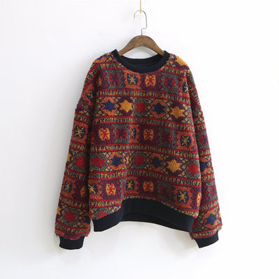 Blusa Pullover Cuello Redondo Lana de Cordero Estilo Étnico Estampado Retro