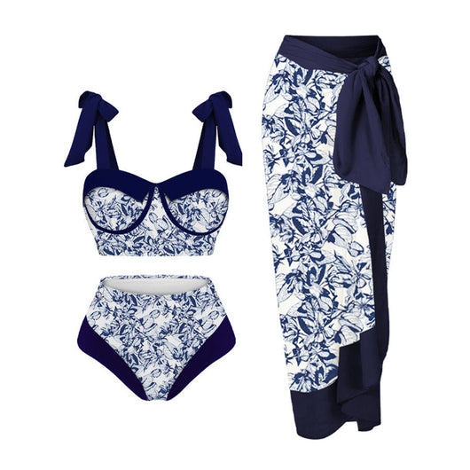Women's three-piece swimsuit with tropical pomegranate, hibiscus, and bird print bikini and magenta sarong. - Image 11