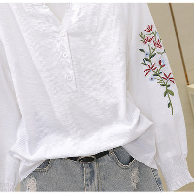 Blusa de Algodón con Escote V y Bordado Plisado Manga Larga - Image 26