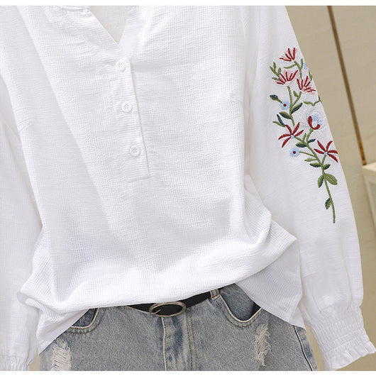 Blusa de Algodón con Escote V y Bordado Plisado Manga Larga - Image 26