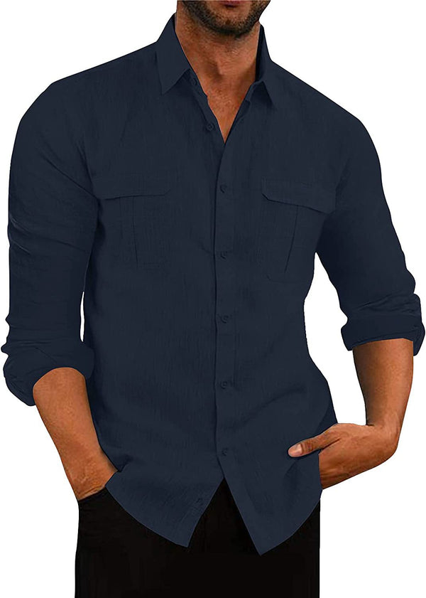 Camisa Hombre Algodón Lino con Bolsillos Dobles Estilo Europeo