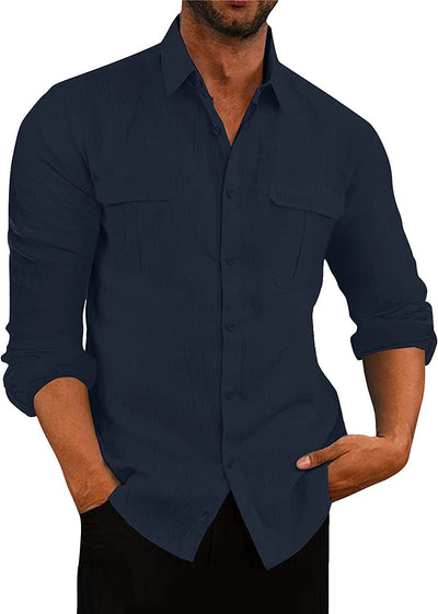 Camisa Hombre Algodón Lino con Bolsillos Dobles Estilo Europeo - Image 2