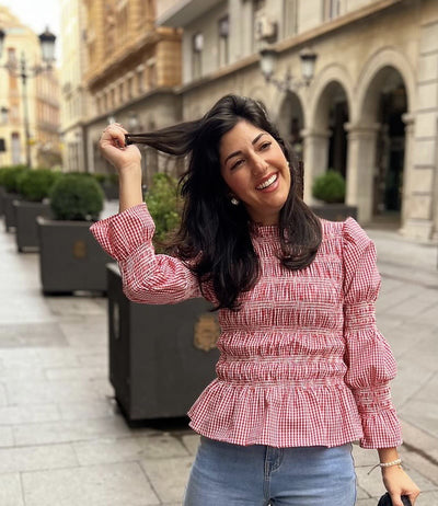 Blusa Ajustada con Pliegues y Estampado Cuadros para Mujer - Image 19