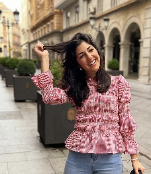 Blusa Ajustada con Pliegues y Estampado Cuadros para Mujer - Image 19