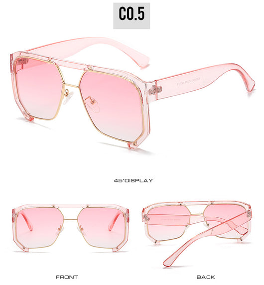 Black frame large rim hip hop sunglasses with gradient purple lenses and a gold-tone double bridge. - Image 22