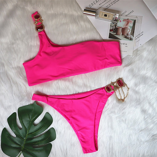 Traje de Baño Lujo con Cadena de Cristales - Bikini Asimétrico de Un Hombro Estilo Europeo - Image 4