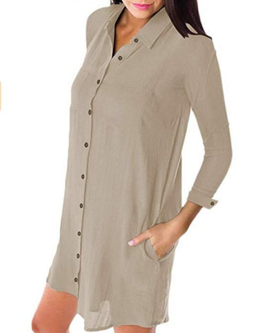 Vestido Camisero Holgado de Manga Larga con Bolsillos - Image 17