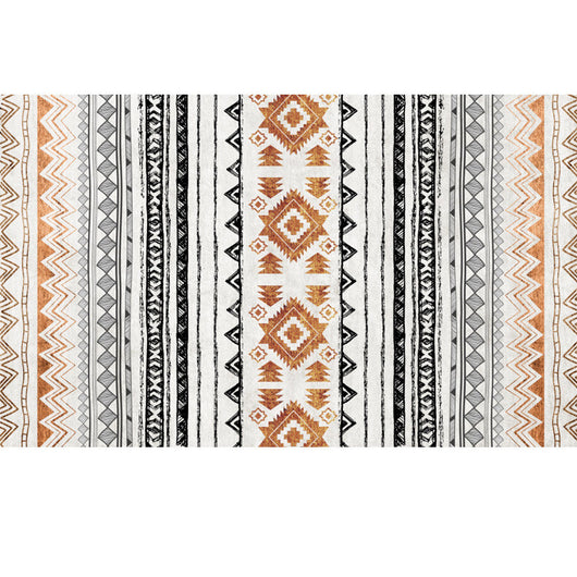 Rectangular area rug with white background and horizontal stripes of black, teal, and yellow tribal patterns. - Image 36