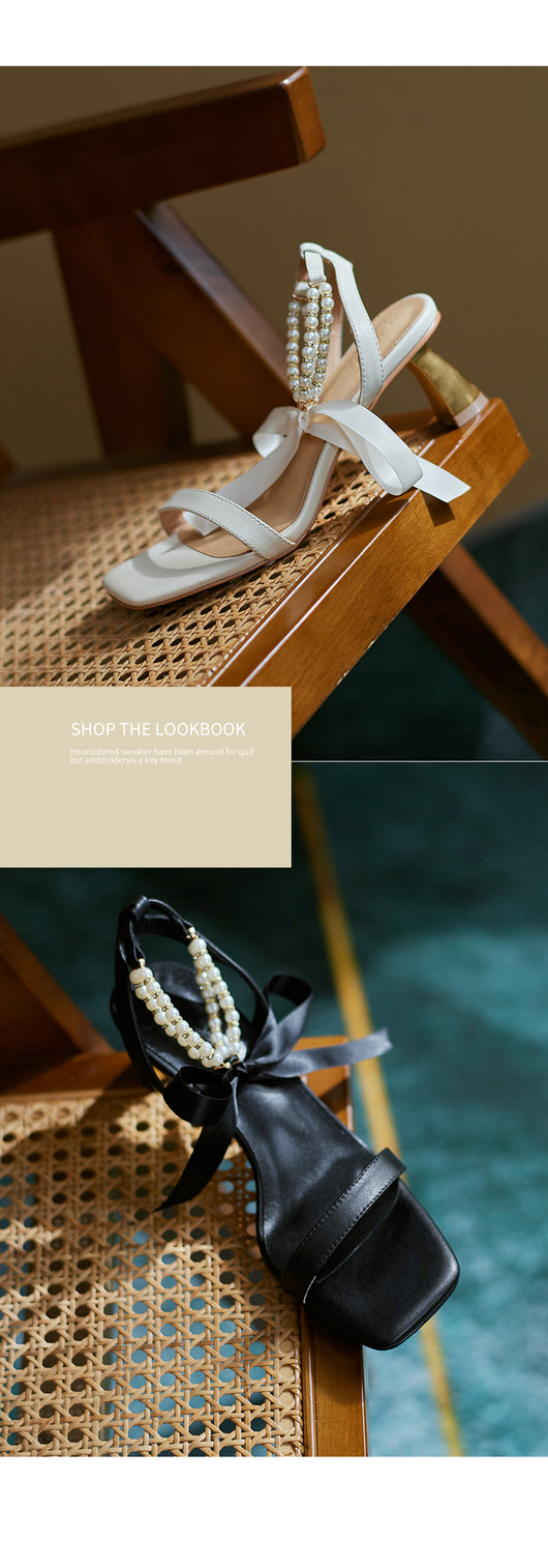 Sandalias de Tacón Grueso con Tira Perla Francesa y Cuero para Mujer - Image 8