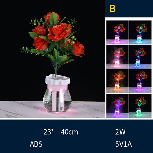 Creative desktop humidifier with artificial red roses, clear base, pink top, and color-changing LED light mist. - Image 11