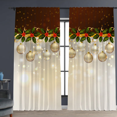 Pair of Christmas curtains with a 3D digital print of a snowy winter window scene, frosted trees, and snowflakes. - Image 17
