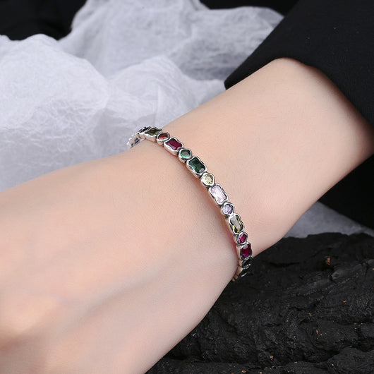 Pulsera Plata con Zircones Arcoíris Geométricos Vintage para Niña