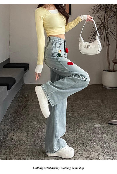 Pantalones Jeans Rectos Cintura Alta con Bordados para Mujer - Image 12
