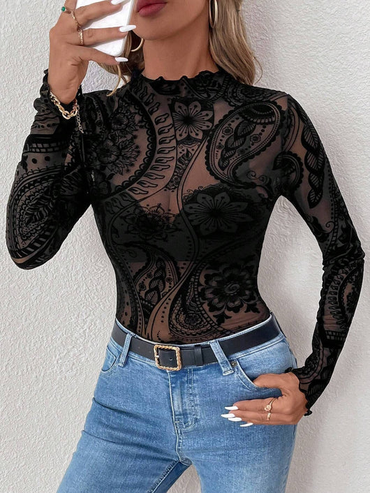 Blusa Manga Larga Estampado Paisley con Malla Texturizada - Image 11