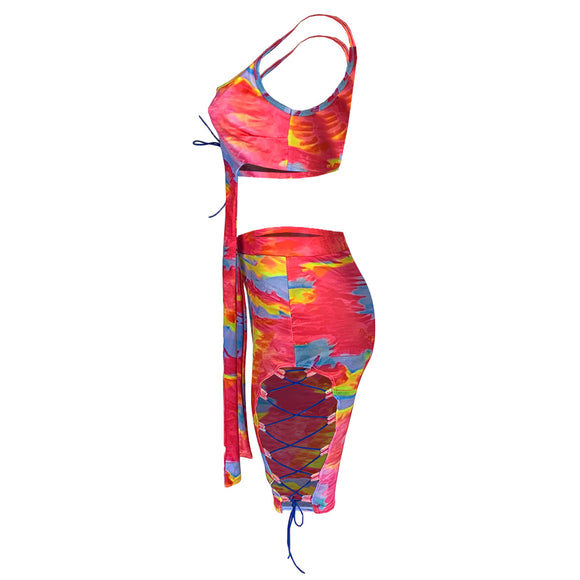 Conjunto de Dos Piezas Tie-Dye con Detalles Calados para Mujer