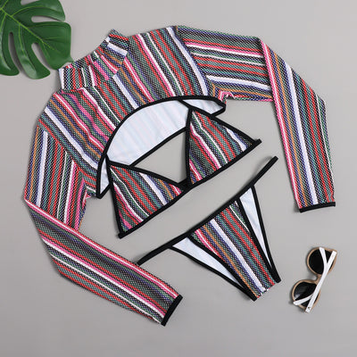 Traje de Baño de Tres Piezas con Rayas Arcoíris y Degradado - Image 8