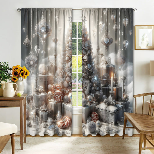 Christmas curtain with a snowy village scene, Santa Claus, flying reindeer, and piles of wrapped gifts. - Image 7