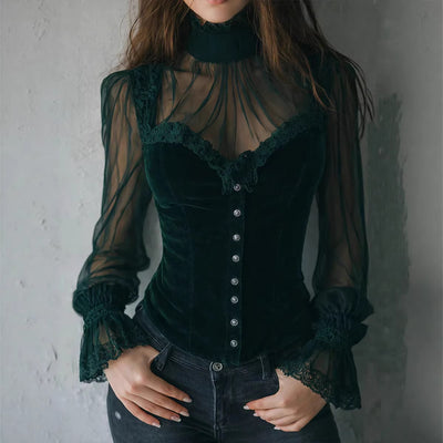 Blusa Negra de Encaje con Paneles de Malla y Detalles Florales Calados - Image 3