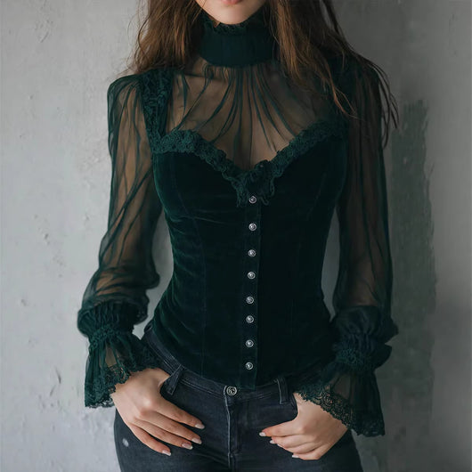 Blusa Negra de Encaje con Paneles de Malla y Detalles Florales Calados - Image 3
