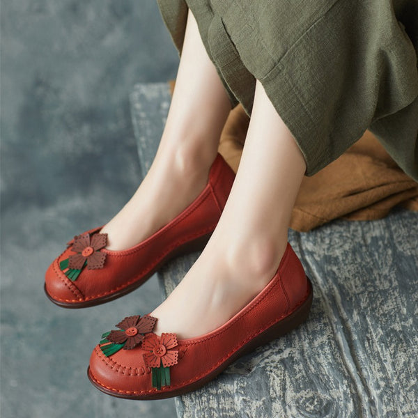 Zapatos Artesanales de Cuero Estilo Étnico Retro con Suela Suave para Mujer