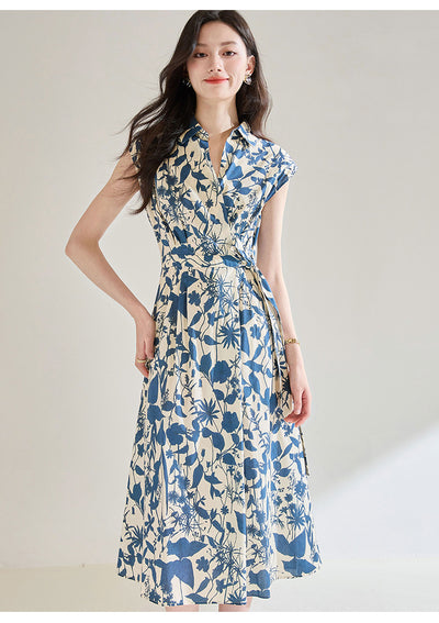 Vestido Camisero Ajustado Estampado Azul y Blanco - Image 11