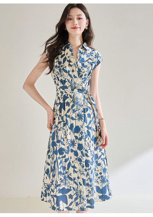 Vestido Camisero Ajustado Estampado Azul y Blanco - Image 11
