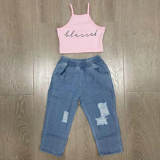 Conjunto Infantil de Dos Piezas: Chaleco y Jeans Rotos