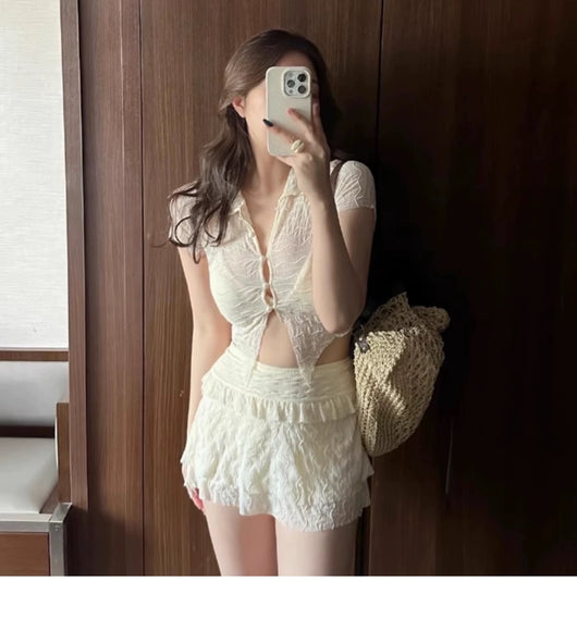 Fashion personalized black split bikini with sheer short-sleeve top, matching mini skirt with ruffle and lace trim. - Image 13
