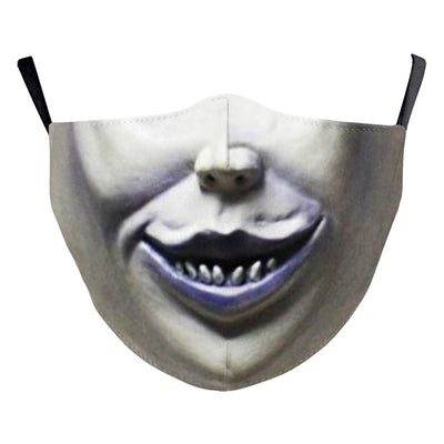 Halloween dust mask with a split design: one side a smiling clown face, the other a stitched, bloody mouth. - Image 6