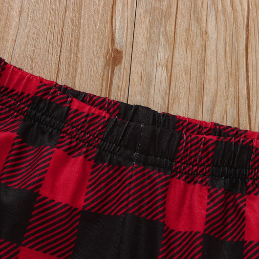 Family matching Christmas pajamas with red and black buffalo plaid pants and white long-sleeve tops featuring a deer graphic and "MERRY CHRISTMAS" text. Include - Image 8