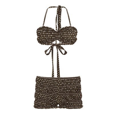 Dark brown polka dot halter bikini top with matching shirred high-waisted shorts for women. - Image 13