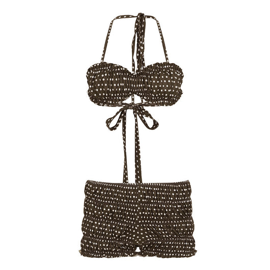 Dark brown polka dot halter bikini top with matching shirred high-waisted shorts for women. - Image 13