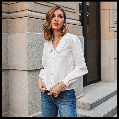 Blusa Blanca Clásica para Mujer con Cuello Bebé - Image 6