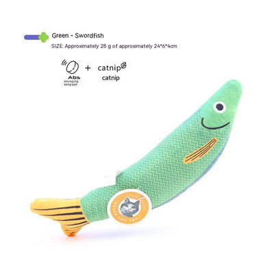Orange fish-shaped plush catnip toy with blue fins and tail, held in a hand, with a small round tag. - Image 17