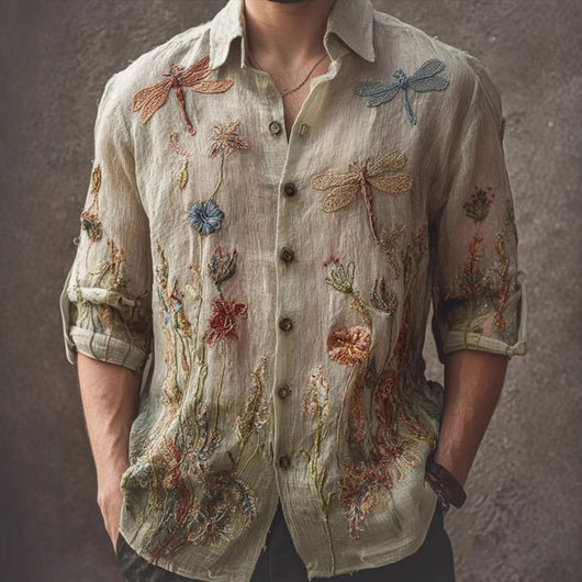 Camisa Floral Holgada de Manga Larga Estilo Retro Americano para Hombre